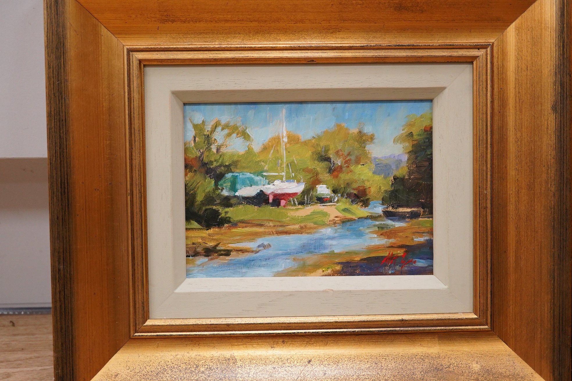 Impressionist, pair of oils on board, Riverscape with moored boats and lakeside scene, each indistinctly signed, Mat ..?, each 17 x 12cm, gilt framed. Condition - good